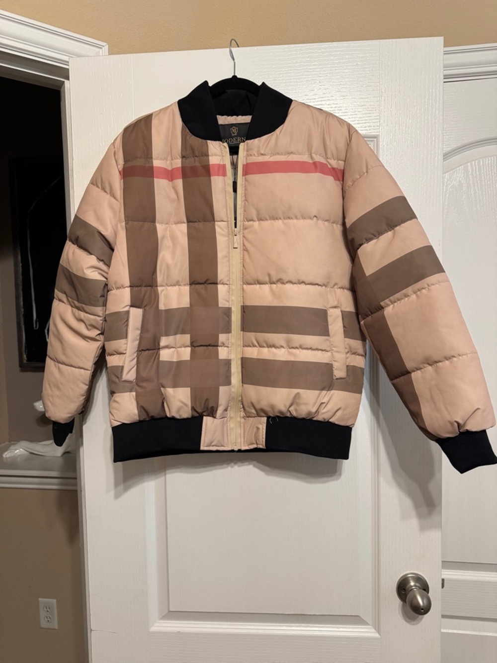 Moderna Plaid Quilted Bomber Jacket in Beige and Brown